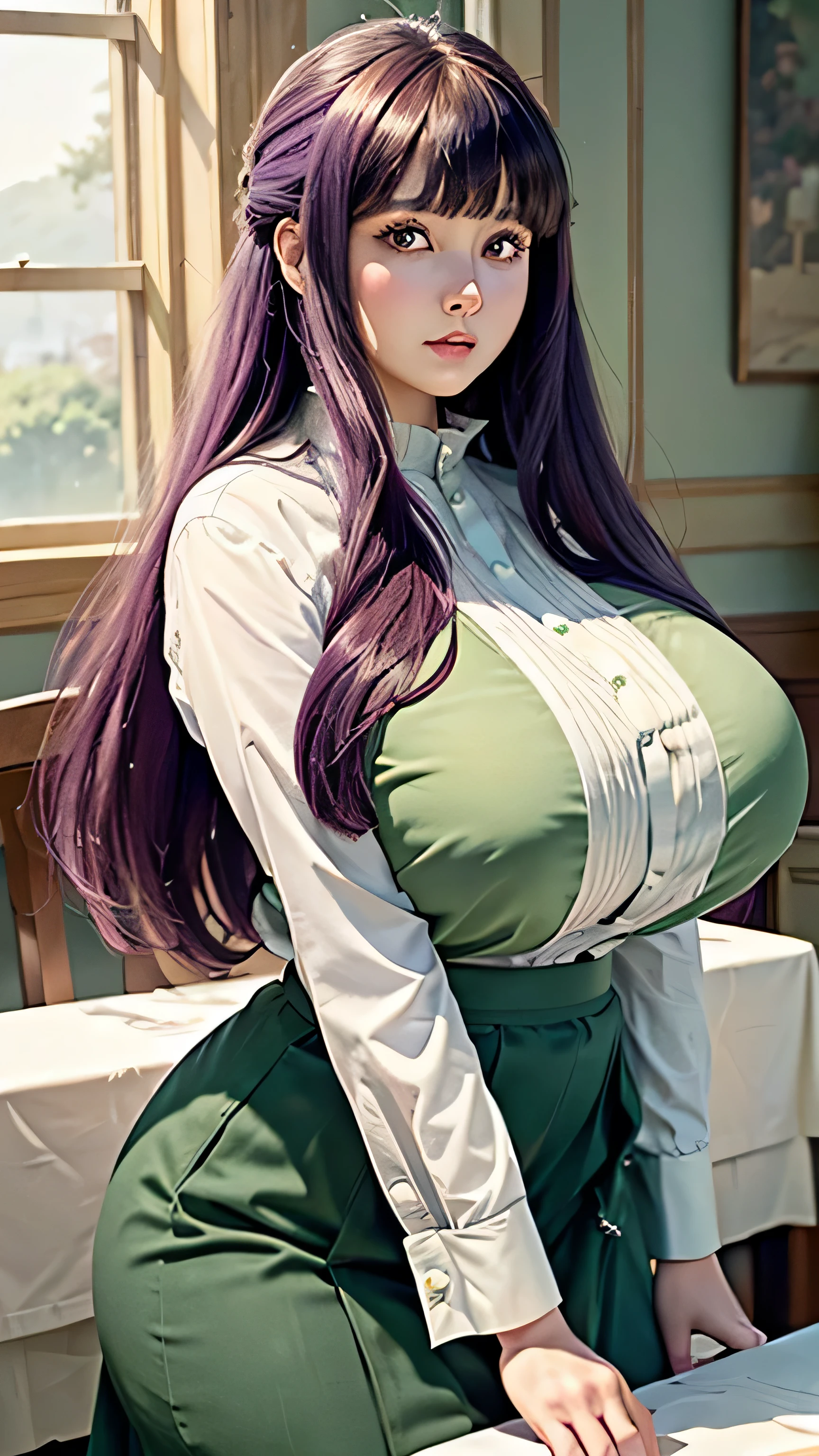 (masterpiece:1.2, top-quality), ultra high res, ultra detailed, (realistic, photorealistic:1.4), beautiful illustration, perfect lighting, colorful, depth of fields, looking at viewer, full body, front view:0.6, 1 girl, solo, japanese, university student, (large breasts:0.8, large ass, seductive thighs, skindentation), (long hair:1.5, messy hair:1.2), light purple hair, asymmetrical bangs, emerald green eyes, (shiny skin), beautiful hair, beautiful face, extremely detailed face, beautiful detailed eyes, beautiful clavicle, beautiful body, beautiful chest, beautiful thigh, beautiful legs, beautiful fingers, (beautiful scenery), night, dining room, dining table, dining chair, 1womanl,dark brown hair,Long Wave Hair、a 20 yo woman、governess、Shy laughter、Beautiful Medium Big、White shirt,Red flared skirt,well-styled,,(Facing the front)(((Blushing cheeks、embarassed expression)),(((The skirt is rolled up by the wind)))、((You can see all the panties))、Light Pink Lace Panties