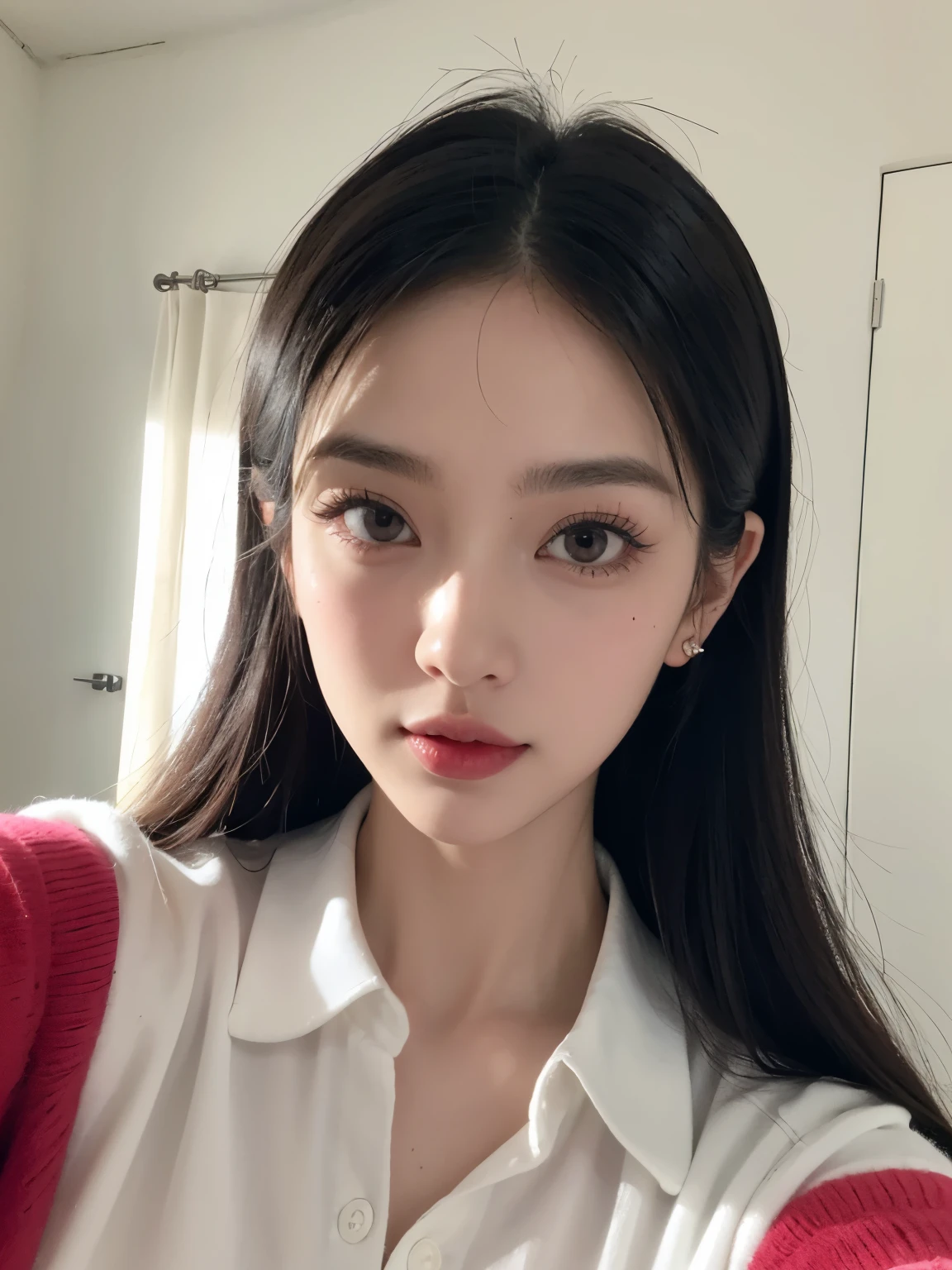 Kim jennie con el cabello negro oscuro, con rulos en las puntas del cabello negro oscuro, con un ganchito de estrella en el cabello negro oscuro, ojos de color claro, ojos bonitos, ojos llorosos, nariz bonita y respingada, labios bonitos, labios rosas, heart and cupid shaped lip, piel bonita, pale, piel blanca, con lunares y pecas en todo el rostro, rubor rosa suave en las mejilla, rubor rosa natural, maquillaje suave y rosa, jennie, cuellos bonito, cuello marcado, frown, mirada enojada, con un collar de beso, un collar bonito de beso, mientras tiene un traje de Yumeko Jabami, cospaly de Yumeko Jabami, mientras tiene una camisa blanca, con tiene un traje de color rojo encima de su camisa blanca, apretado a su cuerpo, con una falta negra corta mientras tiene el abdomen desnudo, delgado, marcado y bonito, (pechos grandes, pechos suaves, pechos bonitos, pechos naturales), mientras esta haciendo cospaly del personaje Yumeko Jabami, del anime Kakegurui, mirando a la camara, autofoto, selfie bonita