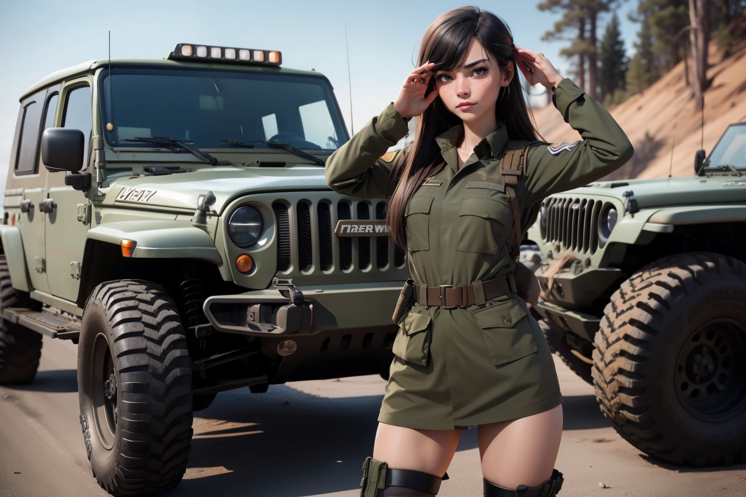 2 naked Forest skinny military girls solders with long legs, eyes same color, aroused face expression, skimpy military clothing, military boots, stockings, long nipples, hard nipples, pubic hair, hairy pussy, hairy pussy, masturbating, cum leaking from her aroused pussy, after sex, standing bowed forward, saluting to other female solder, posing her pussy, dirty Jeep vehicle, urinating, people are showing penises, dusk, sun is low, shade.