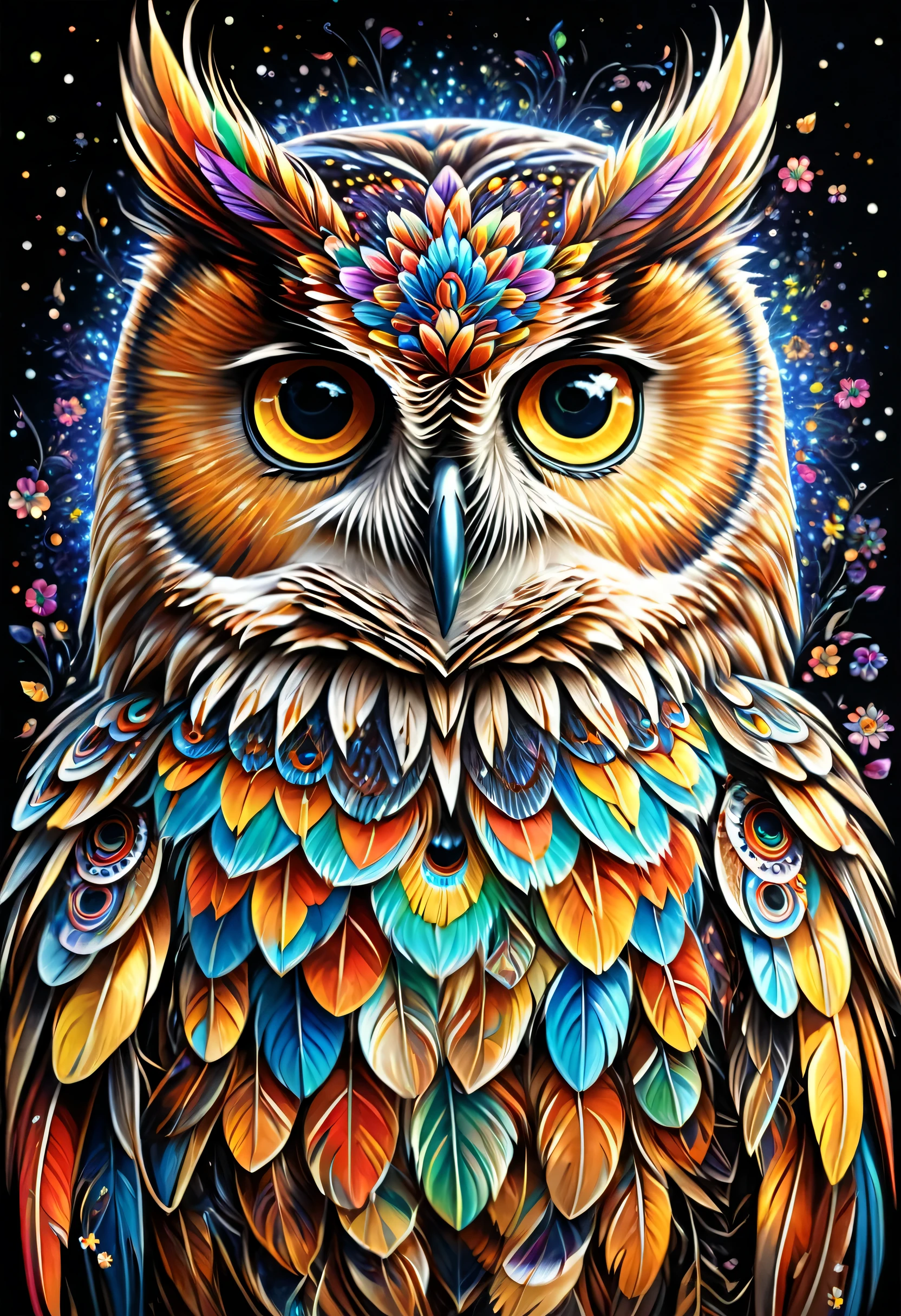 Painting of an owl with colorful feathers and flowers, Shiny Owl, highly detailed Visionary art, Visionary art style, hyper - detailed Visionary art, hyper detailed Visionary art, Colourful and detailed, Highly detailed 4K art, Visionary art, Ultra-Definition Digital Art, Very complex and colorful, A complex and colorful masterpiece, 4K Highly Detailed Art, A colorful and exquisite masterpiece