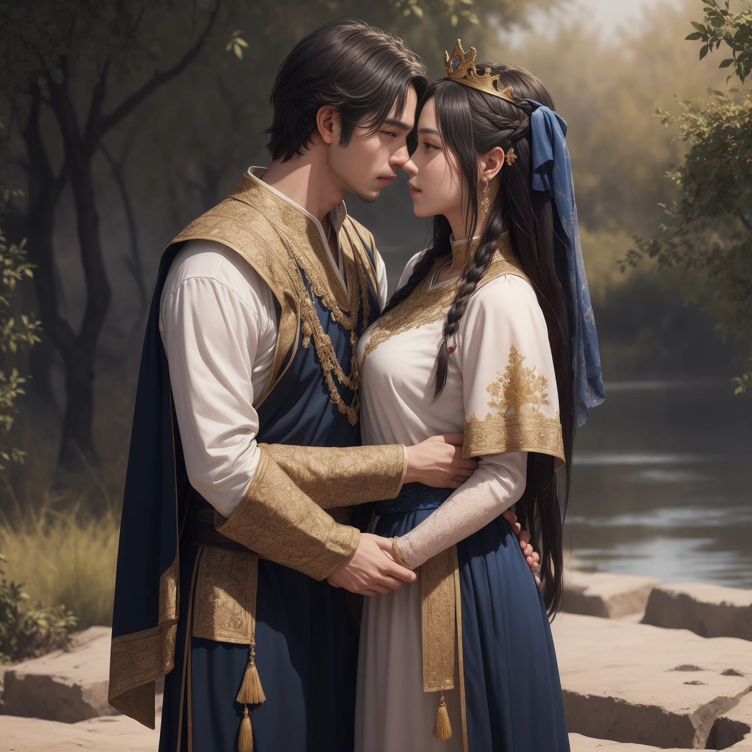 An intimate encounter between a man and a woman unfolds in a heartwarming and enchanting scene.。The stage is、The steppes of medieval Central Asia。The banks of the Ili River sparkling in sunlight。Fantastic and majestic continental scenery。Ethnic、Creates a romantic atmosphere。 They stand facing each other,。their heights are different from each other。 emphasizes their unique physical characteristics。 That man is his height,Has dark hair that frames his striking face。The man is the crown prince of the Turku nomadic empire in the steppes.。The man was wearing an ultramarine costume.、It is decorated with intricate golden embroidery.。Women are ordinary people of the Taklamakan Desert oasis, wearing Uighur national dress.。The woman is delicate and .。Her flowing, light-colored hair shows off her radiant beauty.。Their lips meet in a passionate kiss。 their pure love、Emphasis is placed on transcending class and culture.。 This magical moment captures the essence of their love。Evokes a sense of sweetness and seduction。symbolism、((Highly detailed CG unity 8k wallpaper))Impressionism、romantic、Persian miniature、The Romance of the Silk Road、Reminiscent of the style of Alma Tadema and Gustave Moreau、delicate、beautiful、It has an exotic, luxurious and profound charm.。digital art。。digital art。