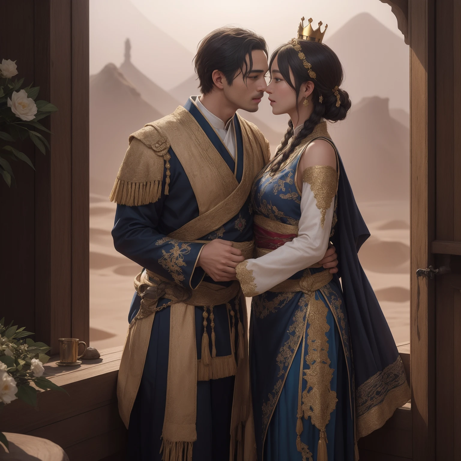 An intimate encounter between a man and a woman unfolds in a heartwarming and enchanting scene.。The stage is、The steppes of medieval Central Asia。The banks of the Ili River sparkling in sunlight。Fantastic and majestic continental scenery。Ethnic、Creates a romantic atmosphere。 They stand facing each other,。their heights are different from each other。 emphasizes their unique physical characteristics。 That man is his height,Has dark hair that frames his striking face。The man is the crown prince of the Turku nomadic empire in the steppes.。The man was wearing an ultramarine costume.、It is decorated with intricate golden embroidery.。Women are ordinary people of the Taklamakan Desert oasis, wearing Uighur national dress.。The woman is delicate and .。Her flowing, light-colored hair shows off her radiant beauty.。Their lips meet in a passionate kiss。 their pure love、Emphasis is placed on transcending class and culture.。 This magical moment captures the essence of their love。Evokes a sense of sweetness and seduction。symbolism、((Highly detailed CG unity 8k wallpaper))Impressionism、romantic、Persian miniature、The Romance of the Silk Road、Reminiscent of the style of Alma Tadema and Gustave Moreau、delicate、beautiful、It has an exotic, luxurious and profound charm.。digital art。。digital art。