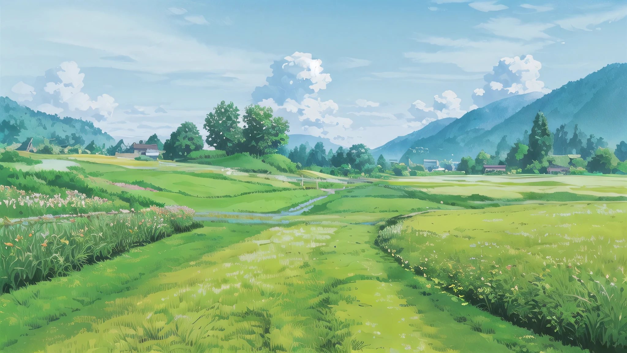 (((highest quality))), High saturation, clear, reasonable structure, Manga style, architecture, bridge, construction, city, chimney, cloud, cloudy_null, Day, Fantasy, door, Grass, Home, Mountain, no_human, outdoor, river, landscape, null, Day, wood, window, Genuine, beautiful and amazing landscape oil painting Ghibli Studio Miyazaki's Wheat field with blue null and white clouds, Wheat field, Wheat --v6