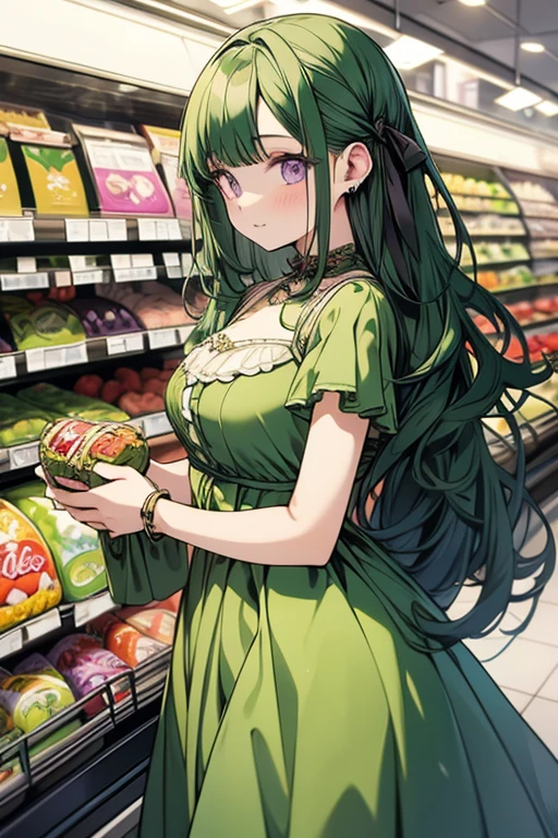 A green haired girl with purple eyes and an hourglass figure in a green ta dress is grocery shopping