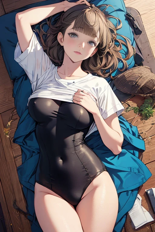 from above,overhead shot,onsen,(lying),(on back),1girl,(ultra detailed skin),curvy,,beautiful breasts,(large breasts),pale skin,pointy breasts,erect nipples,(fantasy art,Highest image quality,Hyperrealist portrait,(8k),ultra-realistic,best quality, high quality, high definition, high quality texture,high detail,beautiful detailed,fine detailed,extremely detailed cg,detailed texture,a realistic representation of the face,masterpiece,Sense of presence,Dynamic,bold),short hair,(ultra thin hair),(ultra soft hair),(ultra straight hair:1.5),Swept long bangs,extra light coppery amber hair,hair over one eye,clothed,baggy t-shirt,swimsuit