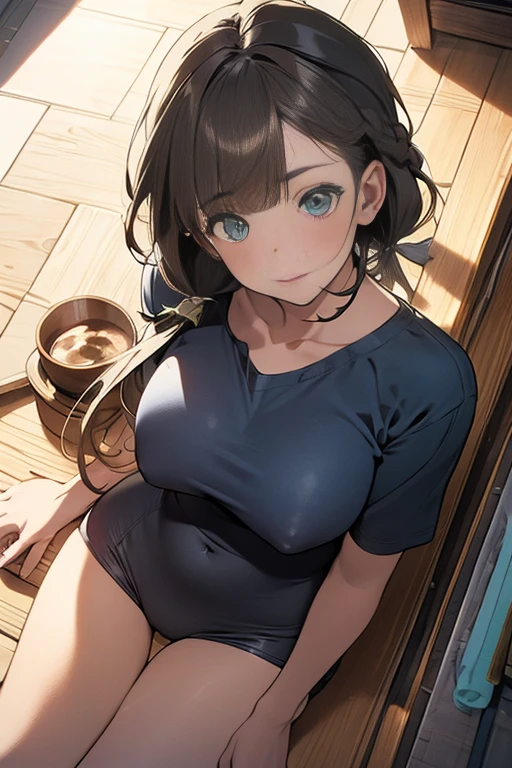 from above,overhead shot,onsen,(lying),(on back),1girl,(ultra detailed skin),curvy,,beautiful breasts,(large breasts),pale skin,pointy breasts,erect nipples,(fantasy art,Highest image quality,Hyperrealist portrait,(8k),ultra-realistic,best quality, high quality, high definition, high quality texture,high detail,beautiful detailed,fine detailed,extremely detailed cg,detailed texture,a realistic representation of the face,masterpiece,Sense of presence,Dynamic,bold),short hair,(ultra thin hair),(ultra soft hair),(ultra straight hair:1.5),Swept long bangs,extra light coppery amber hair,hair over one eye,clothed,baggy t-shirt,swimsuit 