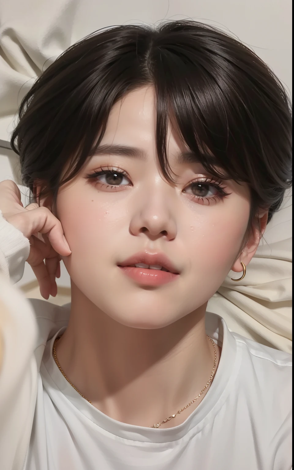 There is a man JIMIN FROM BTS with a white shirt and a necklace on, inspirado em Jimin do BTS, kawaii realista portrait, kpop idol portrait, realism art style, female korean idol portrait, realista digital illustration, obras de arte no estilo de guweiz, realista artstyle, retrato detalhado de garota anime, realista. Cheng Yi, pintura detalhada 4k, realista cute girl painting