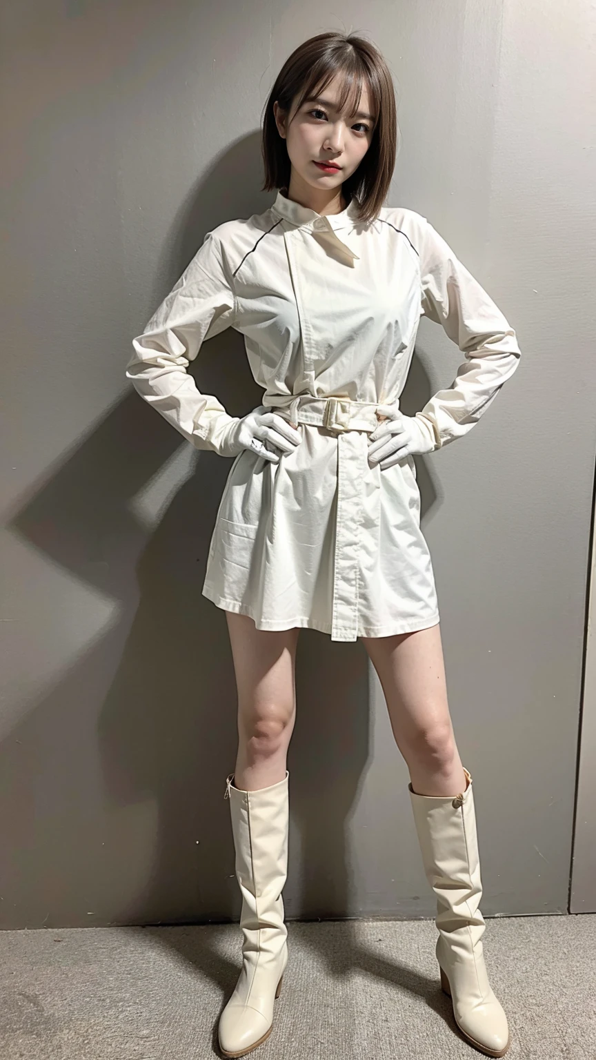 (8K、Raw photo、highest quality、masterpiece:1.2)、(Realistic、Photorealistic)、1 girl、((White ee-through、Gloves、boots、Spotlight、basement、big breasts、View from the front、Standing with hands on hips))、Lots of eyelashes、Sparkling eyelids、skeletally correct