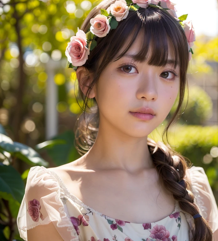 (Realistic:1.3), Rembrandt Lighting, (masterpiece:1.2), (photoRealistic:1.2), (highest quality), (Detailed skin:1.3), (Intricate details), Ray Tracing,One girl, Japanese Girls, １８age, Detailed skin texture, (blush:0.5), Scattered beneath the surface, front, bangs, Hair between the eyes, Shortcuts, Floral print, Autumn scenery, Rose flower, (It was transparent:1.2),actress，Yuuko Araki，
