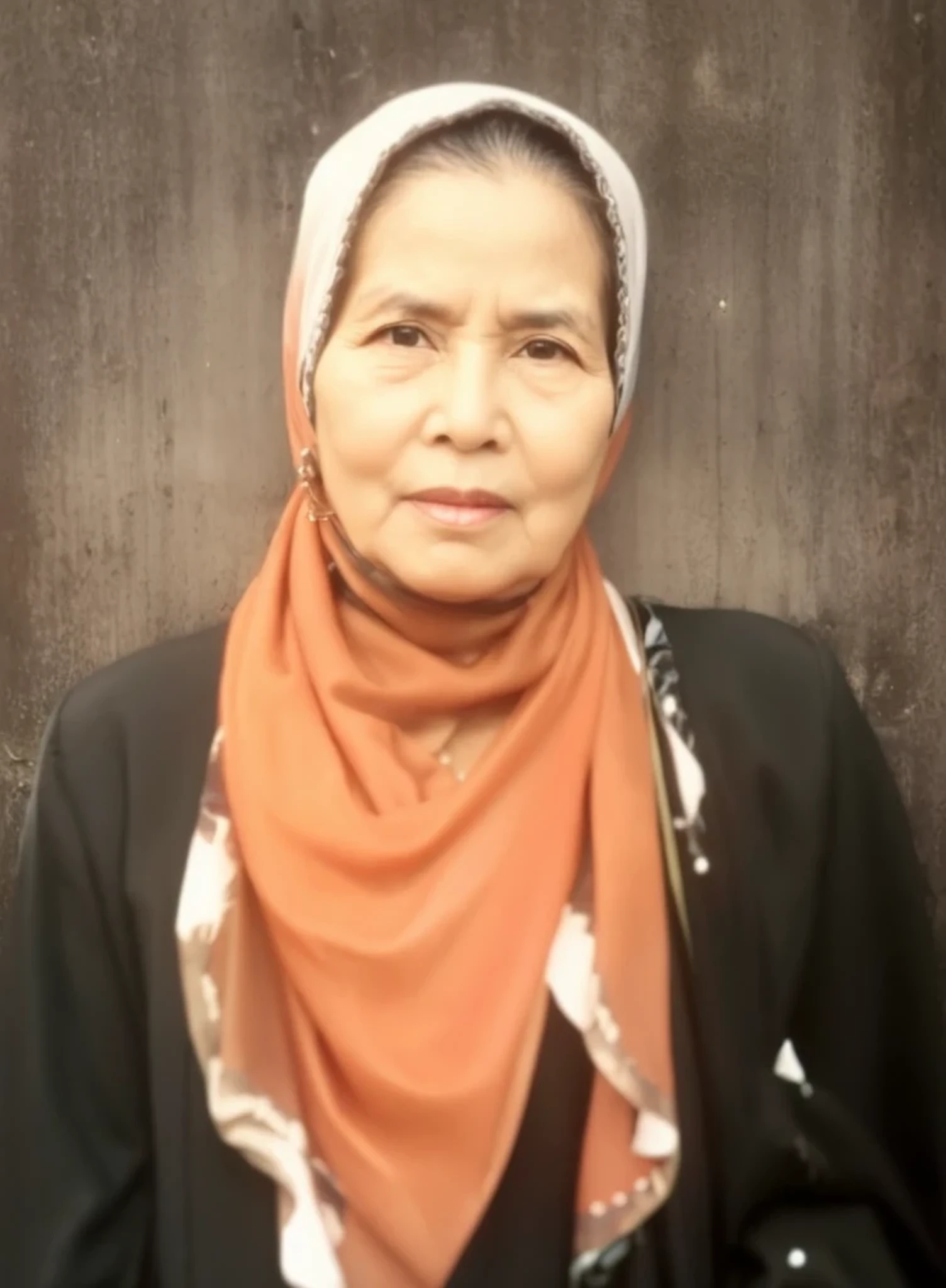 Potrait a grand mother with black hijab and black dress clothes, backgraund dark