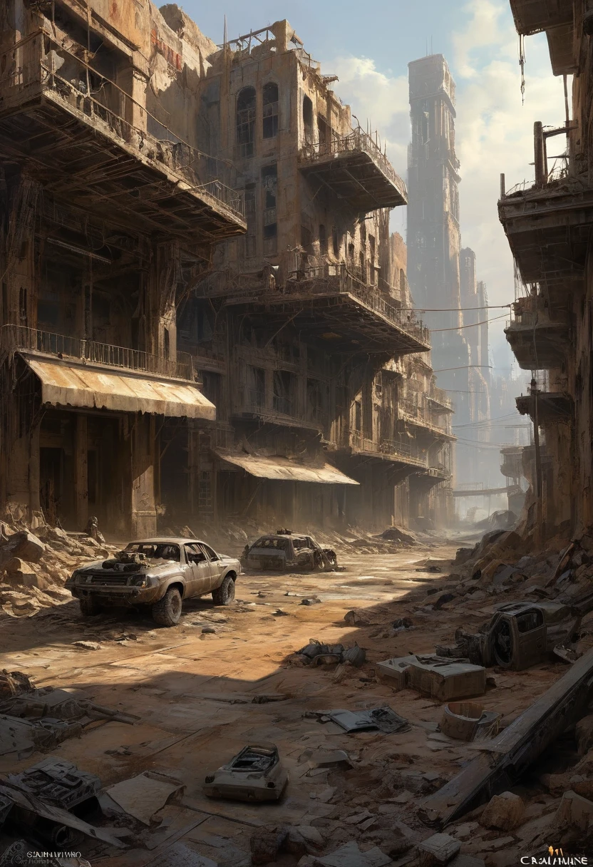 Post apocalyptic scenario, Desolate atmosphere, Dystopian landscape, wasteland, (masterpiece, best quality, Professional, perfect composition, very aesthetic, absurdres, ultra-detailed, intricate details:1.3), by craig mullins