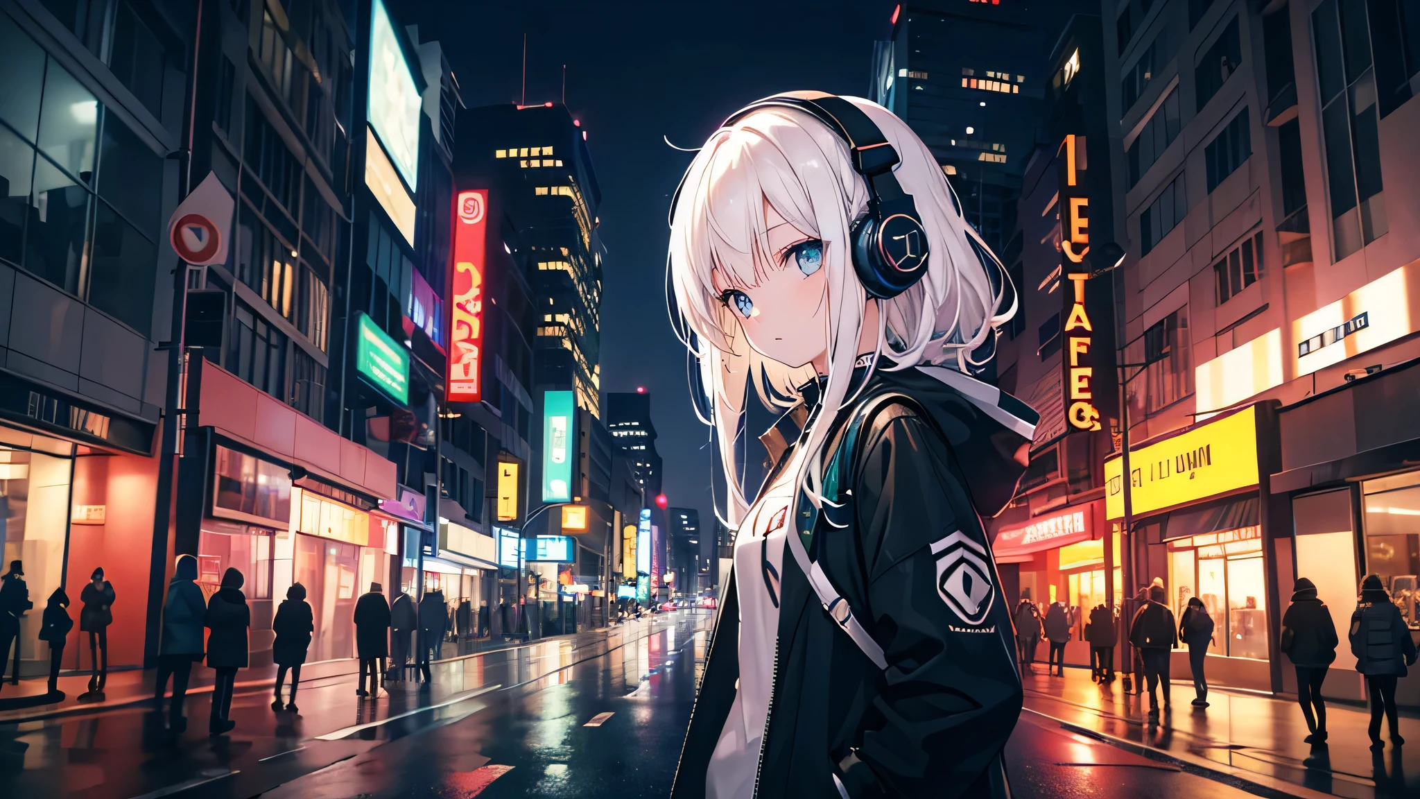 A girl wearing headphones is walking in the city at night, looking at the camera, her hair color is whiter than green