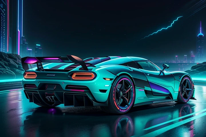hot wheels toy with a futuristic theme background that looks natural and not edited, centered in the image, Hot Wheels 2020 Koenigsegg Jesko, Torque 2/5 - White, retrowave. road, purple neon lights, (masterpiece,detailed,highres),