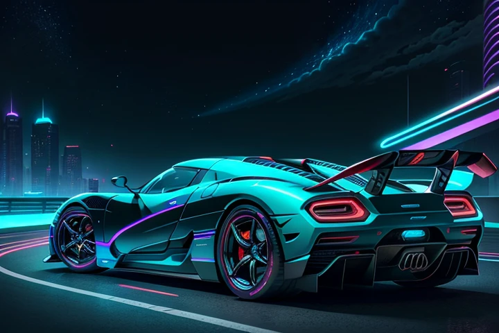 hot wheels toy with a futuristic theme background that looks natural and not edited, centered in the image, Hot Wheels 2020 Koenigsegg Jesko, Torque 2/5 - White, retrowave. road, purple neon lights, (masterpiece,detailed,highres),