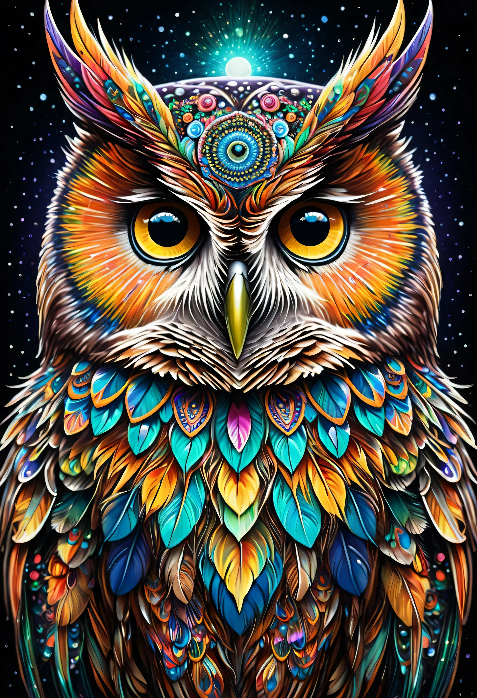 Painting of an owl with colorful feathers and flowers, Detailed painting by Kelembeit, Behance Contest Winner, Psychedelic Art, Shiny Owl, highly detailed Visionary art, Visionary art style, hyper - detailed Visionary art, hyper detailed Visionary art, Colourful and detailed, Highly detailed 4K art, Visionary art, Ultra-Definition Digital Art