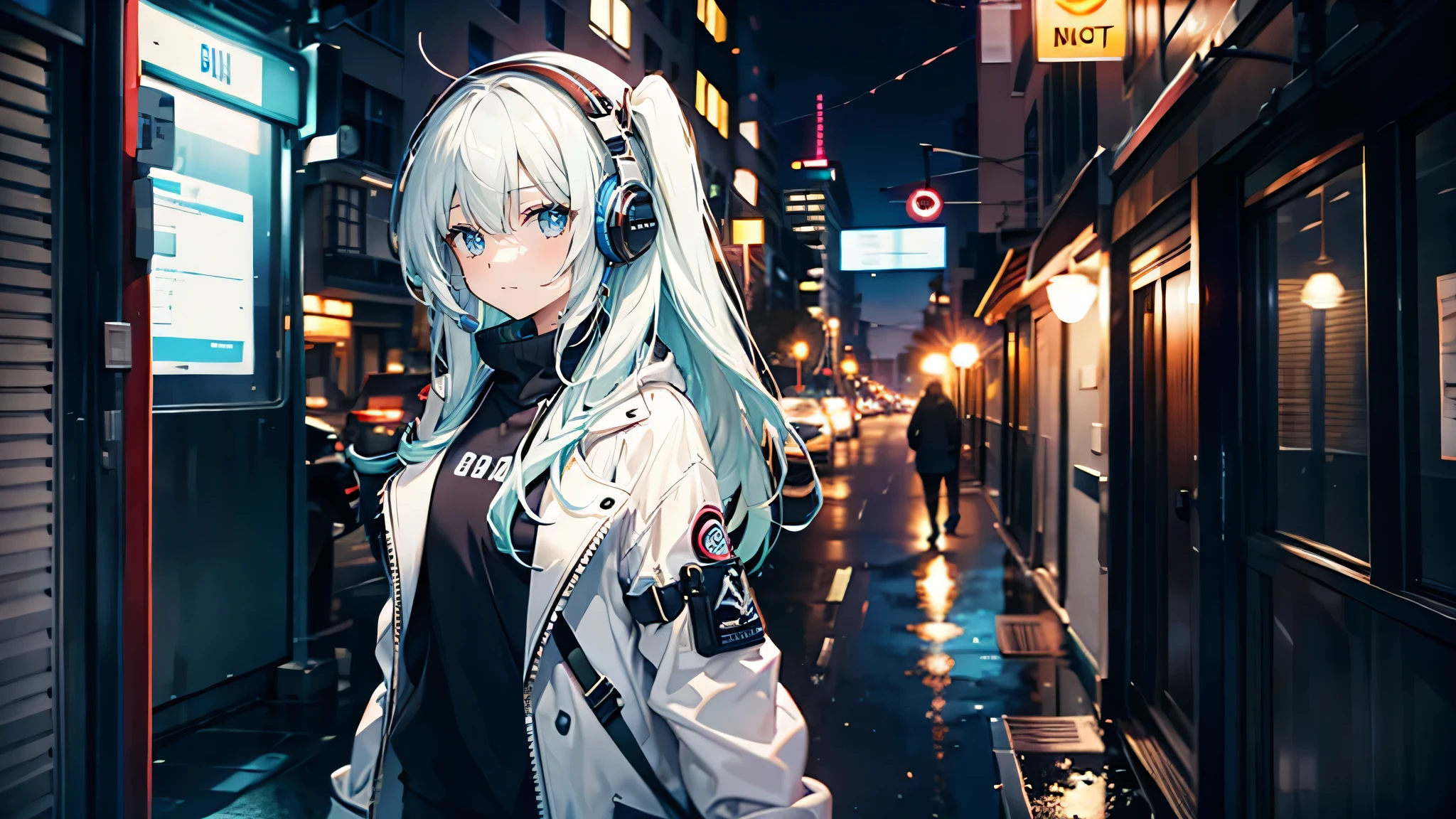 Anime girl with headphones walking down a city street at night - SeaArt AI