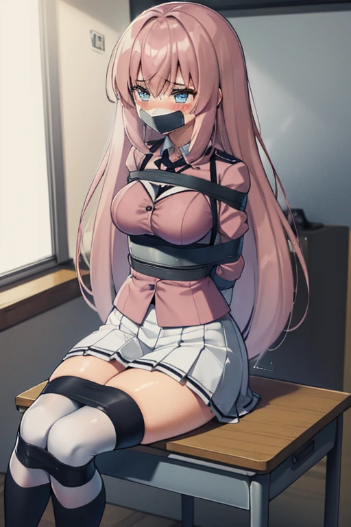 gefesselte Arme, (Arms behind the back:1.5), (blush:1.8), ((gefesselte Handgelenke, Ankle with rope)), ((Arms behind the back)), ((Shibari over clothing)), Fesselung mit Seil, 4k quality, verlegener gesichtsausdruck, anatomisch perfekt, 1girl, ichinose honami, white skirt, (Sitting in a classroom:1.6), legs spread, horny, tape gag, tape bondage