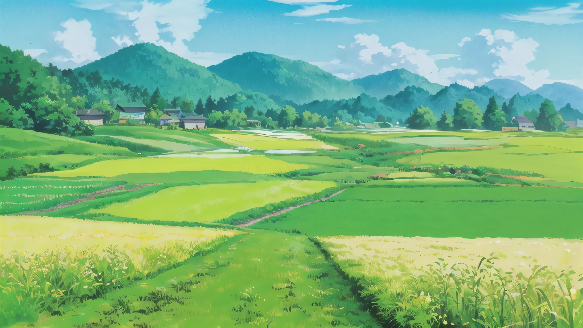 (((highest quality))), High saturation, clear, reasonable structure, Manga style, architecture, bridge, construction, city, chimney, cloud, cloudy_null, Day, Fantasy, door, Grass, Home, Mountain, no_human, outdoor, river, landscape, null, Day, wood, window, Genuine, beautiful and amazing landscape oil painting Ghibli Studio Miyazaki's Wheat field with blue null and white clouds, Wheat field, Wheat --v6