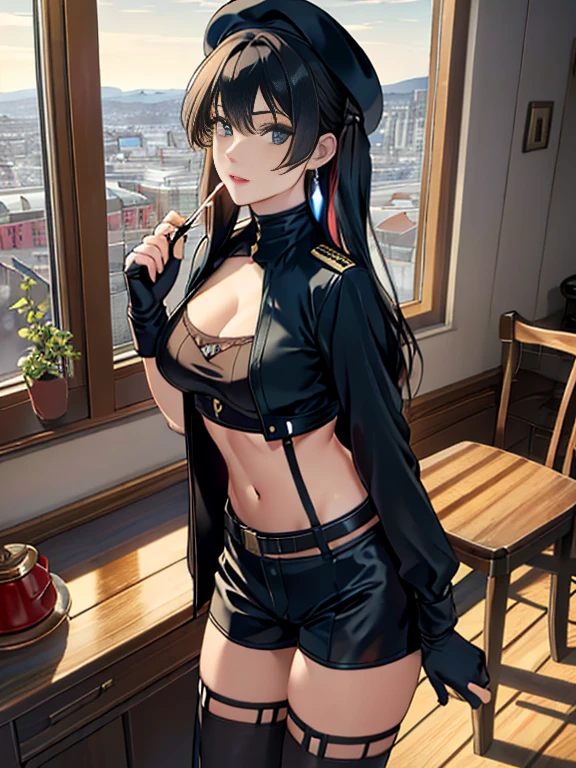  19 years old, (milf:0.8), (solo:1.5), (sfw:1.25), sexy breast, beautiful breasts, (medium tits:0.8), thin waist, big ass:1.0, Raised sexy, (black beret,black military jacket, open clothes, cleavage, midriff, black shorts, black thighhighs, thigh strap, fingerless gloves, single glove:1.2), blue eyes, light smile, big , Revimpling fabric, earrings, Hand gloves, detailed face,(hold a cigarette:1.1),long hair,side ponytail,hair between eyes,bangs,detailed and beautiful eyes,beautiful detailed lips,Rolling her eyes,manner,hair over one eye, (ultra high resolution, 8K RAW photo, photo realistics, thin outline:1.3, clear focus), best qualtiy, natural lighting, textile shading, field depth, (Bright pupils, fine detailed beautiful eyes with highlight:1.3, high detailed face), Red lip, fine realistic skins:1.1, looking down viewers:1.3, (dynamic angle:1.3, front view:1.1, breast focus:1.3, from above:1.2), (dynamic posing:1.5, sexy posing:1.2),Youghal, side lock, hair ornaments,nice,garden background,artistic rendering,Super detailed,(highest quality,4k,8K,High resolution,masterpiece:1.2),Bright colors,studio lighting ,at military base in usa
