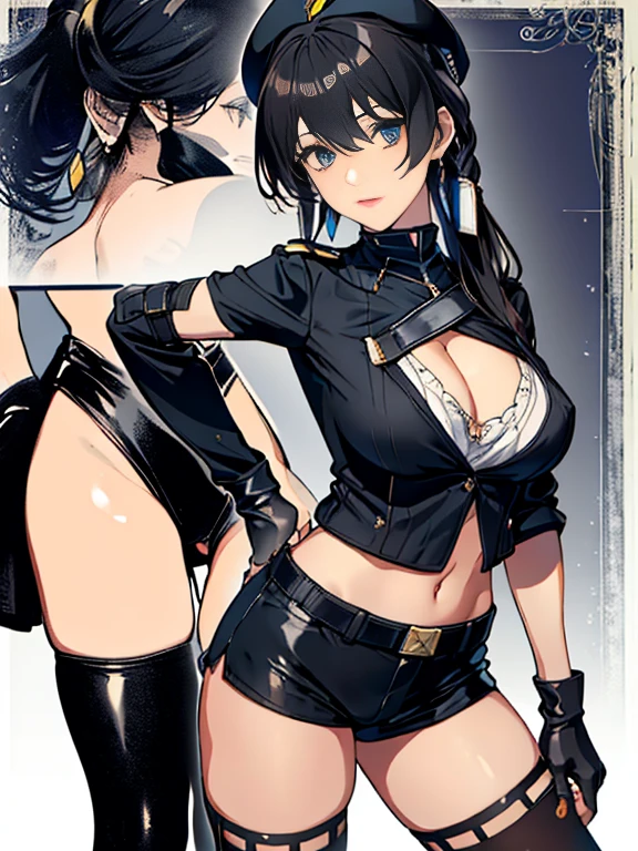  19 years old, (milf:0.8), (solo:1.5), (sfw:1.25), sexy breast, beautiful breasts, (medium tits:0.8), thin waist, big ass:1.0, Raised sexy, (black beret,black military jacket, open clothes, cleavage, midriff, black shorts, black thighhighs, thigh strap, fingerless gloves, single glove:1.2), blue eyes, light smile, big , Revimpling fabric, earrings, Hand gloves, detailed face,(hold a cigarette:1.1),long hair,side ponytail,hair between eyes,bangs,detailed and beautiful eyes,beautiful detailed lips,Rolling her eyes,manner,hair over one eye, (ultra high resolution, 8K RAW photo, photo realistics, thin outline:1.3, clear focus), best qualtiy, natural lighting, textile shading, field depth, (Bright pupils, fine detailed beautiful eyes with highlight:1.3, high detailed face), Red lip, fine realistic skins:1.1, looking down viewers:1.3, (dynamic angle:1.3, front view:1.1, breast focus:1.3, from above:1.2), (dynamic posing:1.5, sexy posing:1.2),Youghal, side lock, hair ornaments,nice,garden background,artistic rendering,Super detailed,(highest quality,4k,8K,High resolution,masterpiece:1.2),Bright colors,studio lighting ,at military base in usa
