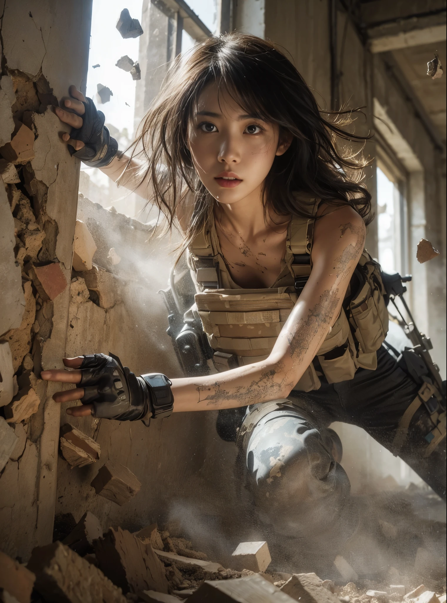 (highest quality, 8k, Realistic photos:1.2), Realistic skin texture, Beautiful Japanese women serving in the US military, In a rubble-strewn building, get attacked, Resist and try to escape, Collapsing Wall, Assault rifle, Bulletproof vest, Backpack, boots, Covered in scars, A look of determination, Dynamic pose, Innovative Configuration, Dust in the air