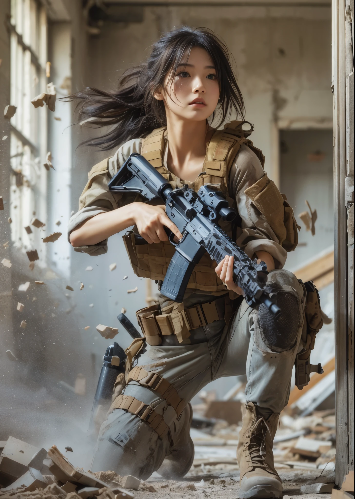 8k, Realistic photos, Realistic skin texture, Beautiful Japanese women serving in the US military、Inside a building strewn with rubble、get attacked、Resist and try to escape、Collapsed wall、Automatic rifle、Bulletproof vest、Back back、boots、Covered in scars、Stern expression、Dynamic pose、Innovative Configuration、Dust is flying