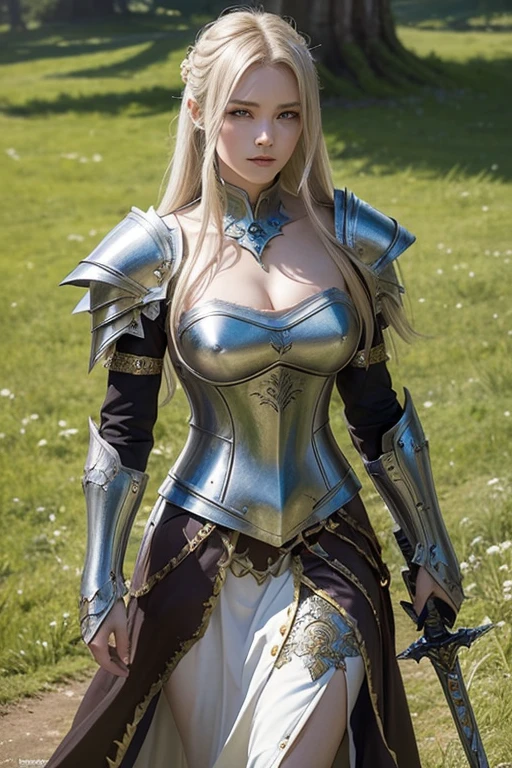 ((masterpiece:1.5, best-quality:1.5, 8k, embossed picture, Extreme realistic, dark fantasy)). ((Process mode: SeaArt 2.1)). a close up of a long blond hair woman in elaborated intricated silver white baroque armor with a sword ans shield, fantasy paladin woman no helmet, real breast cleavage, female warrior, fantasy art behance, female knight, fantasy warrior, wearing a sword and shield, small golden wings, in a green field with ruins behind, fantasy card game art, epic exquisite character art, tyler edlin fantasy art, epic fantasy style art, epic fantasy character art.
