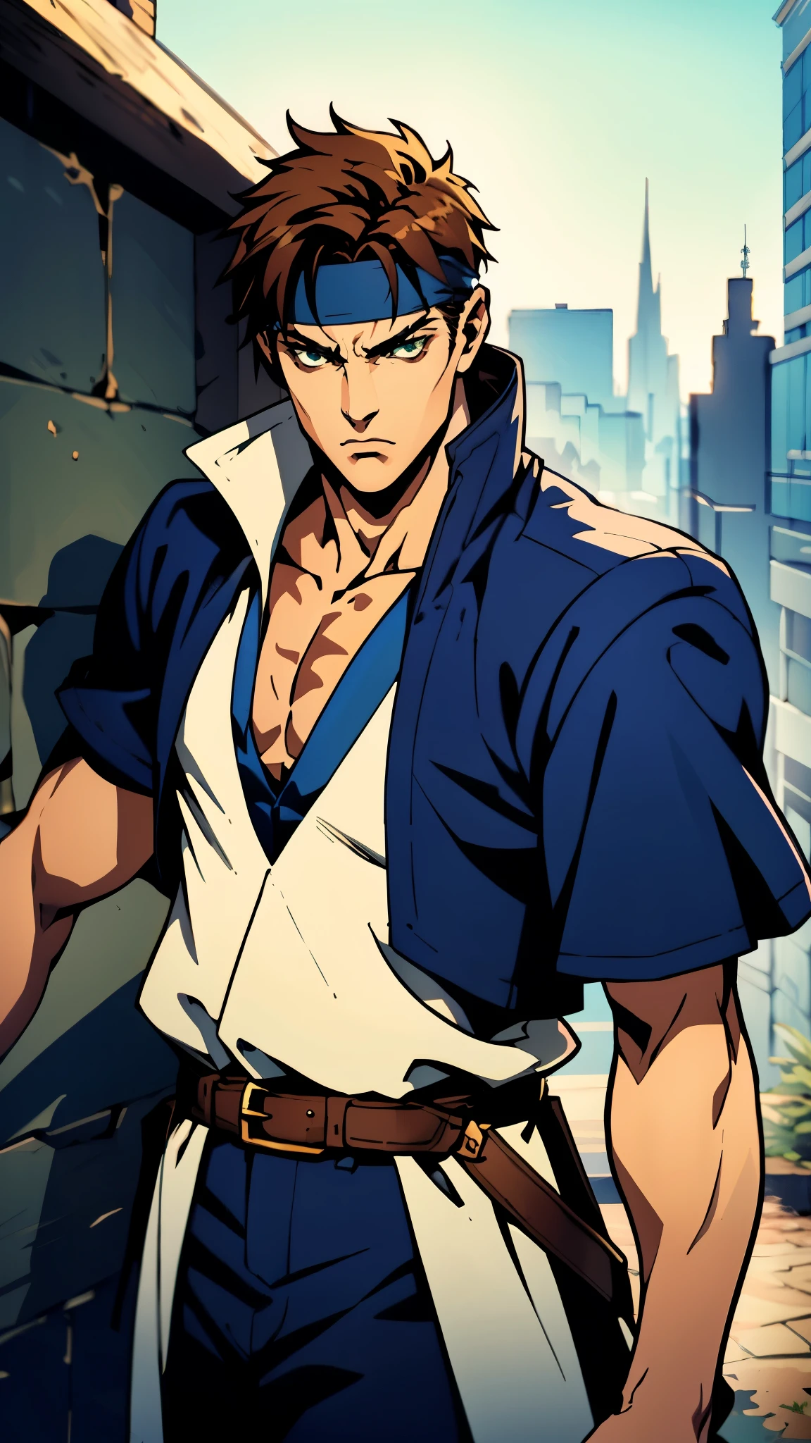 A young man with messy azure short hair, a headband tied around his forehead, handsome face, calm expression, ((a fantasy-style short-sleeved robe coat with a unique half-side design, a green undershirt underneath)), an archer's wrist guard, a cloth belt, coarse cloth trousers, leather boots, overlooking the city from above, this character embodies a finely crafted fantasy-style archer in anime style, exquisite and mature manga art style, high definition, best quality, highres, ultra-detailed, ultra-fine painting, extremely delicate, professional, perfect body proportions, golden ratio, anatomically correct, symmetrical face, extremely detailed eyes and face, high quality eyes, creativity, RAW photo, UHD, 32k, Natural light, cinematic lighting, masterpiece-anatomy-perfect, masterpiece:1.5