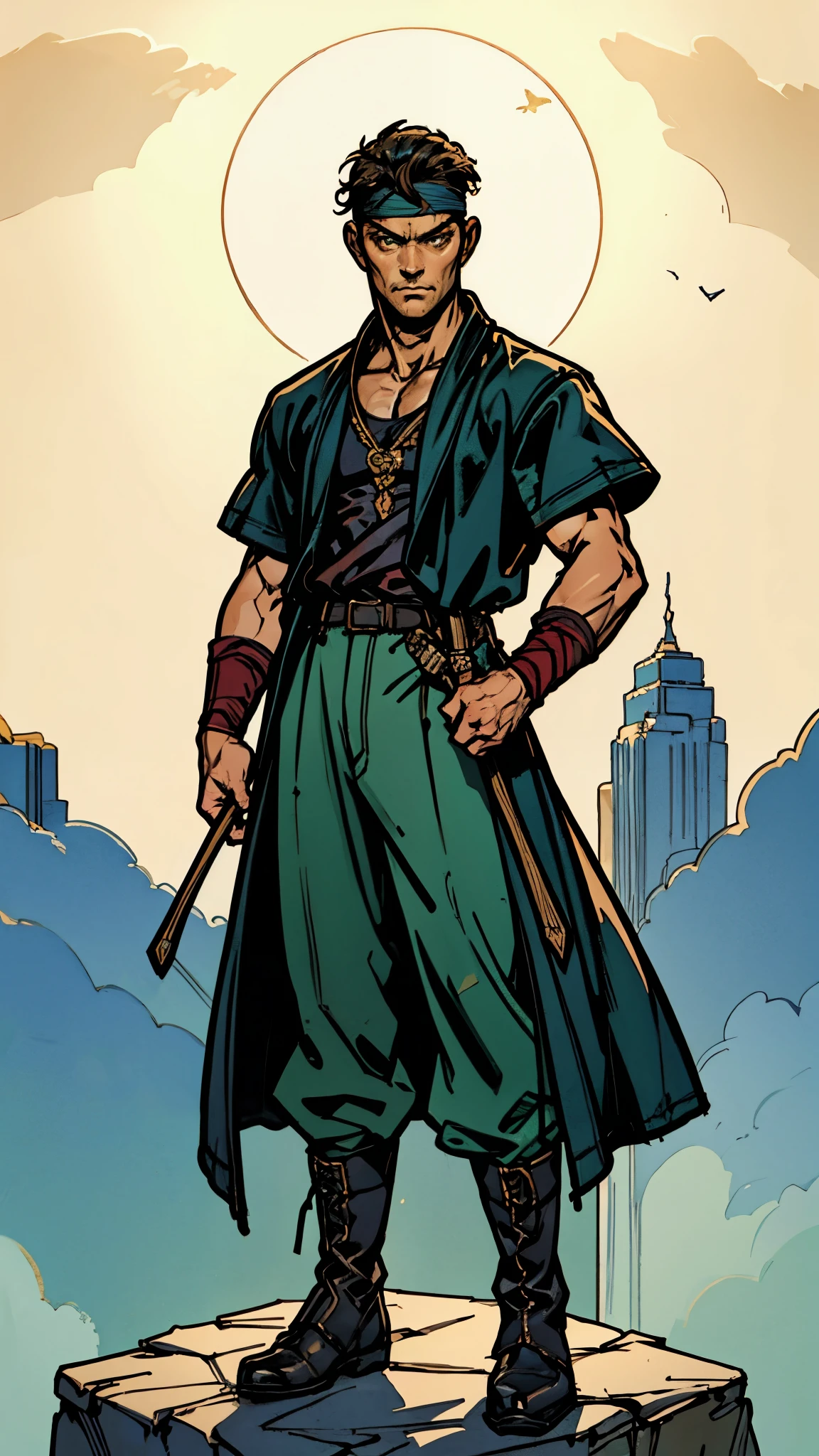 A young man with messy azure short hair, a headband tied around his forehead, handsome face, calm expression, ((a fantasy-style short-sleeved robe coat with a unique half-side design, a green undershirt underneath)), an archer's wrist guard, a cloth belt, coarse cloth trousers, leather boots, overlooking the city from above, this character embodies a finely crafted fantasy-style archer in anime style, exquisite and mature manga art style, high definition, best quality, highres, ultra-detailed, ultra-fine painting, extremely delicate, professional, perfect body proportions, golden ratio, anatomically correct, symmetrical face, extremely detailed eyes and face, high quality eyes, creativity, RAW photo, UHD, 32k, Natural light, cinematic lighting, masterpiece-anatomy-perfect, masterpiece:1.5