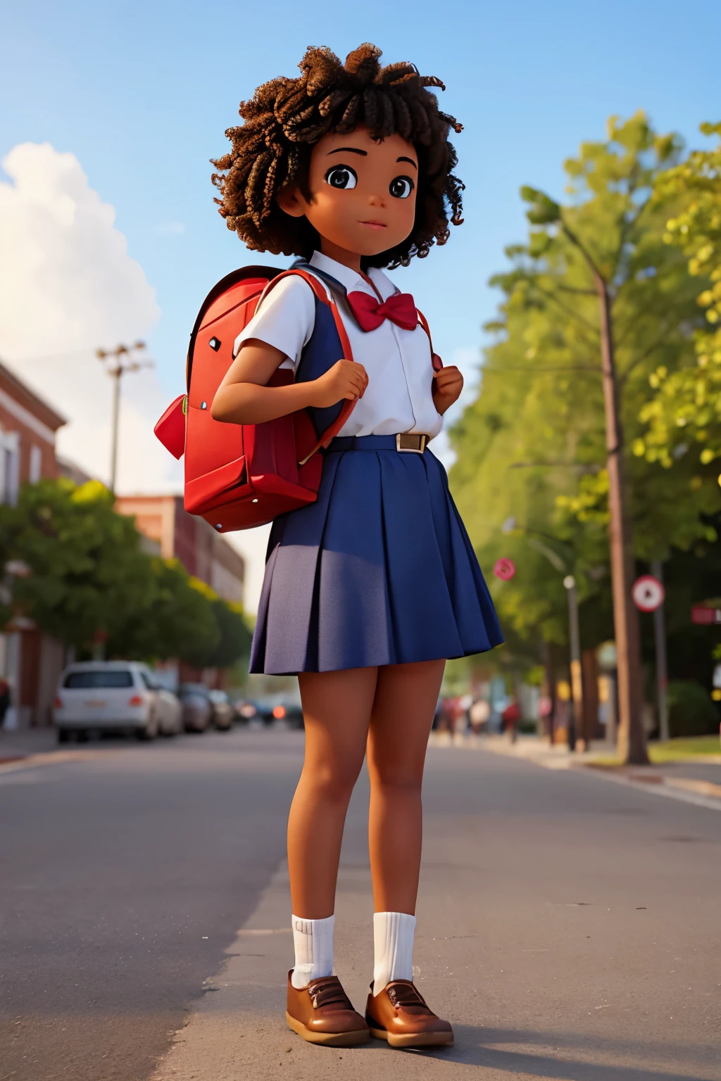 A 12years old, african american girl, with a styled curly hair, wearing uniform and back pack, school background
