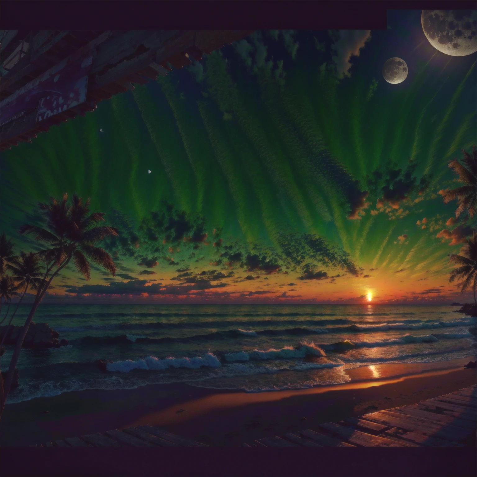 highres, imagination, (realistic), clear skies, composition, sunset, (hdr:1.5), billboards, intricate details. Beautiful beach in the background, the waning moon appearing in the background in the right corner.