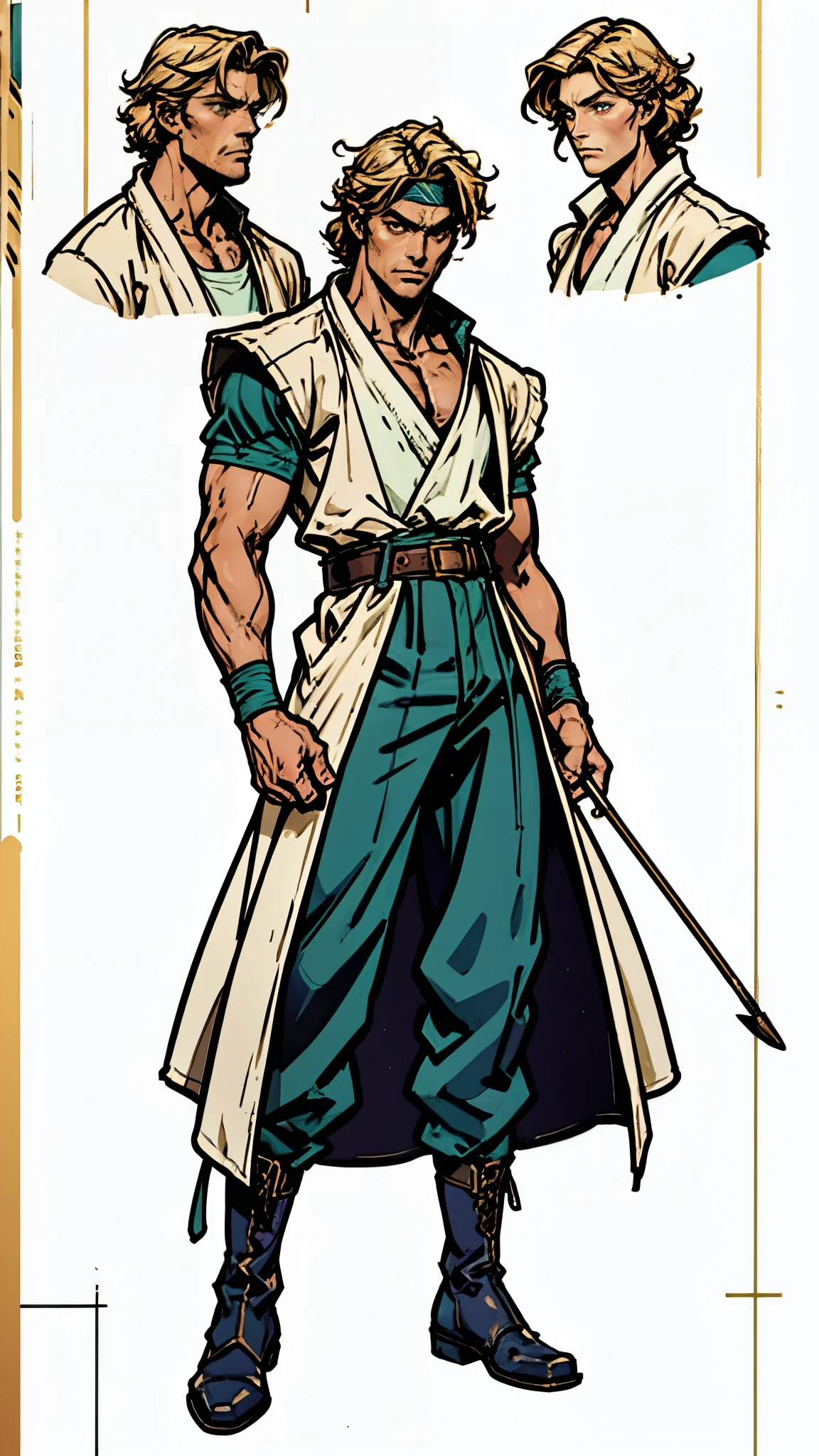 A young man with messy azure short hair, a headband tied around his forehead, handsome face, calm expression, ((a fantasy-style short-sleeved robe coat with a unique half-side design, a green undershirt underneath)), an archer's wrist guard, a cloth belt, coarse cloth trousers, leather boots, overlooking the city from above, this character embodies a finely crafted fantasy-style archer in anime style, exquisite and mature manga art style, high definition, best quality, highres, ultra-detailed, ultra-fine painting, extremely delicate, professional, perfect body proportions, golden ratio, anatomically correct, symmetrical face, extremely detailed eyes and face, high quality eyes, creativity, RAW photo, UHD, 32k, Natural light, cinematic lighting, masterpiece-anatomy-perfect, masterpiece:1.5