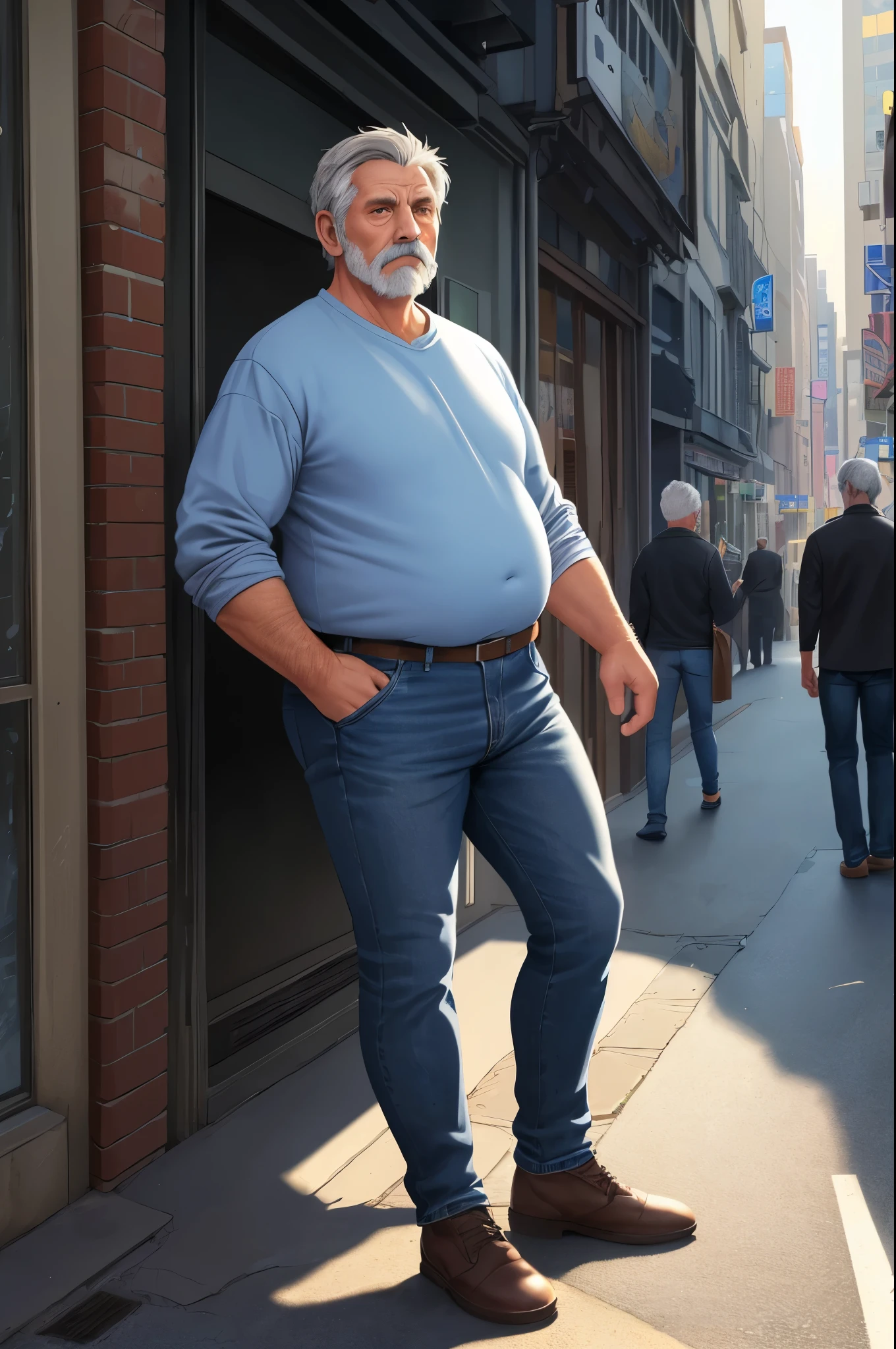 (old man:1.1),(grey haired:1.1),(dude:1.1),(little tummy:1.1),(thick massive legs:1.1),(skin-tight:1.1),(blue jeans:1.1),(portrait),(photorealistic),(professional),(vivid colors),(strong light and shadow),(wrinkles),(weathered face),(wise, experienced expression),(relaxed posture),(urban background),(crowded street),(nostalgic color tones)