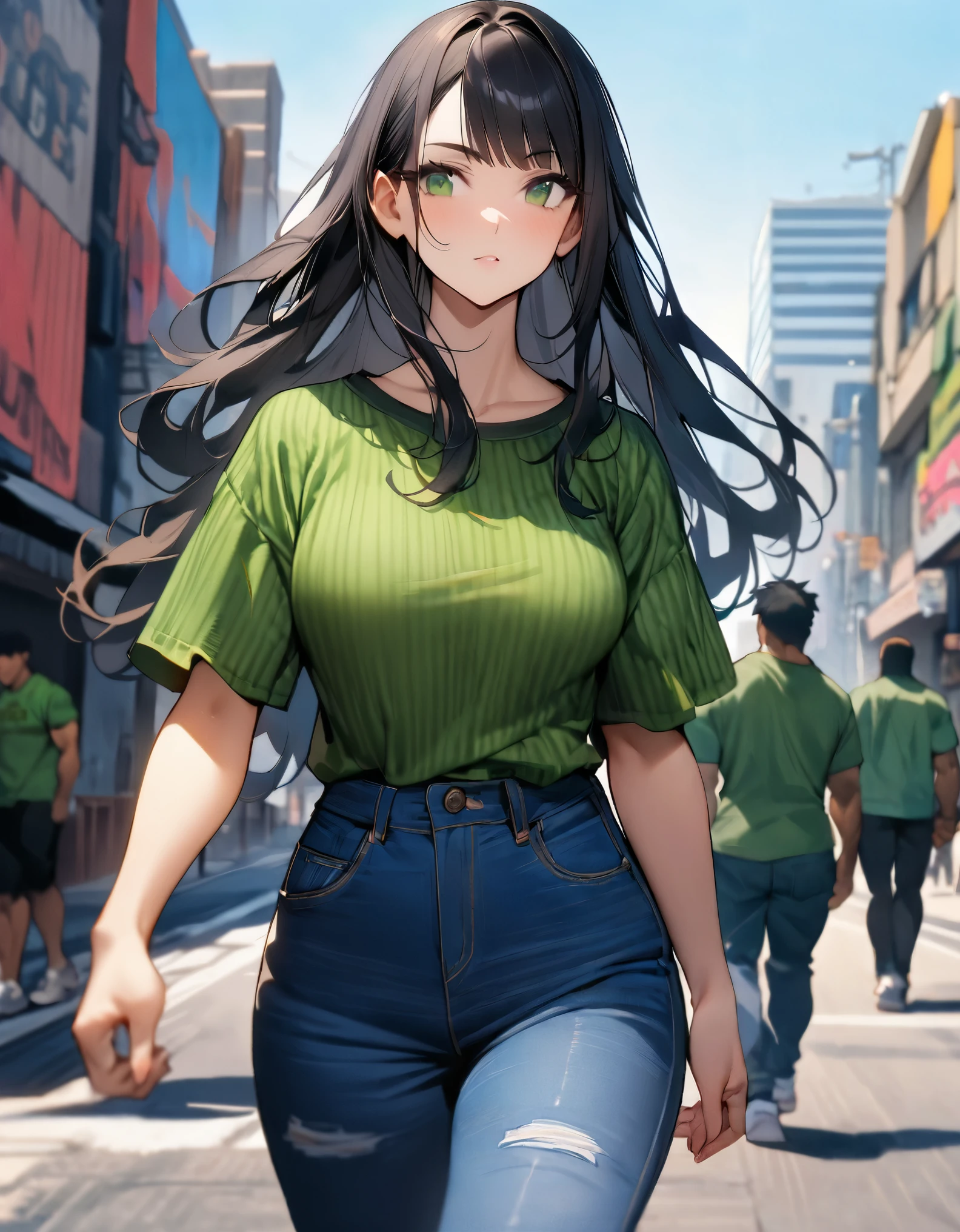 masterpiece, highest quality, solo, solo focus, (perfect face:1.1), (high detail:1.1), 1girl, mature lady, tall body, age 26, street brawler, los angeles street backdrop, (black hair, long hair, right side bangs), green eyes, green striped t-shirt, blue jeans, sneakers, walking, full body shot, cowboy shot