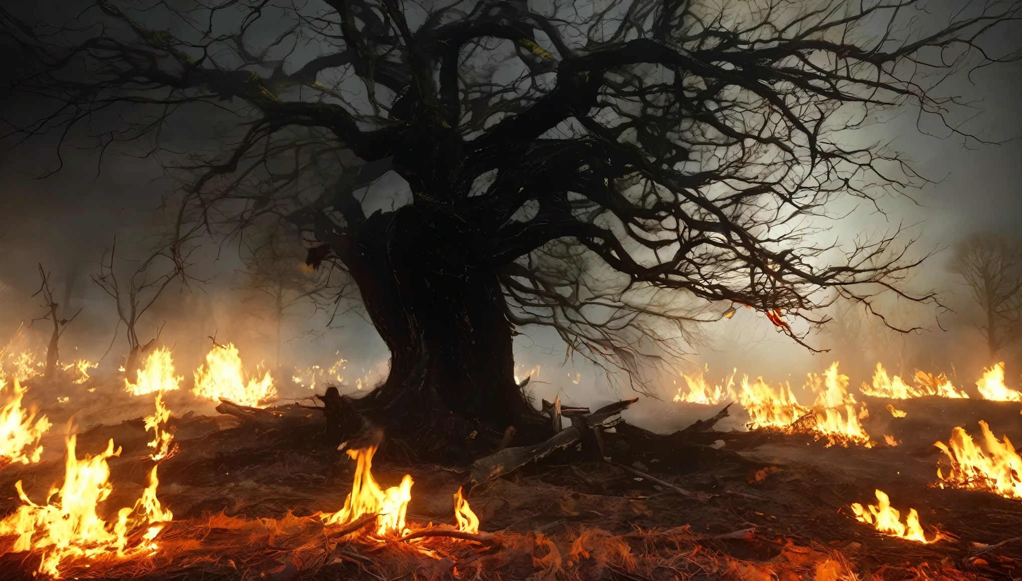 burning forest,mystery,sadness,past,ominous atmosphere,thick smoke,glowing embers,crackling flames,abandoned trees,dark shadows,twilight,mourning,remains of nature,distant echoes,flickering light,silhouettes,devastation,distant memories,void,haunting beauty,lost tranquility,smoldering ruins,whispering winds,ashen sky,solemnity,drowning sorrow,eternal sadness,intense emotions,desolation,forlorn hope,glimmer of hope,lamentation,raging fire,silent screams,unanswered questions,end of an era,broken dreams,embers of the past,enchanted sorrow,dark secrets,mystical charm,waning light,echoes of the past,lamenting souls,shattered memories,haunted by the blaze,twisted branches.