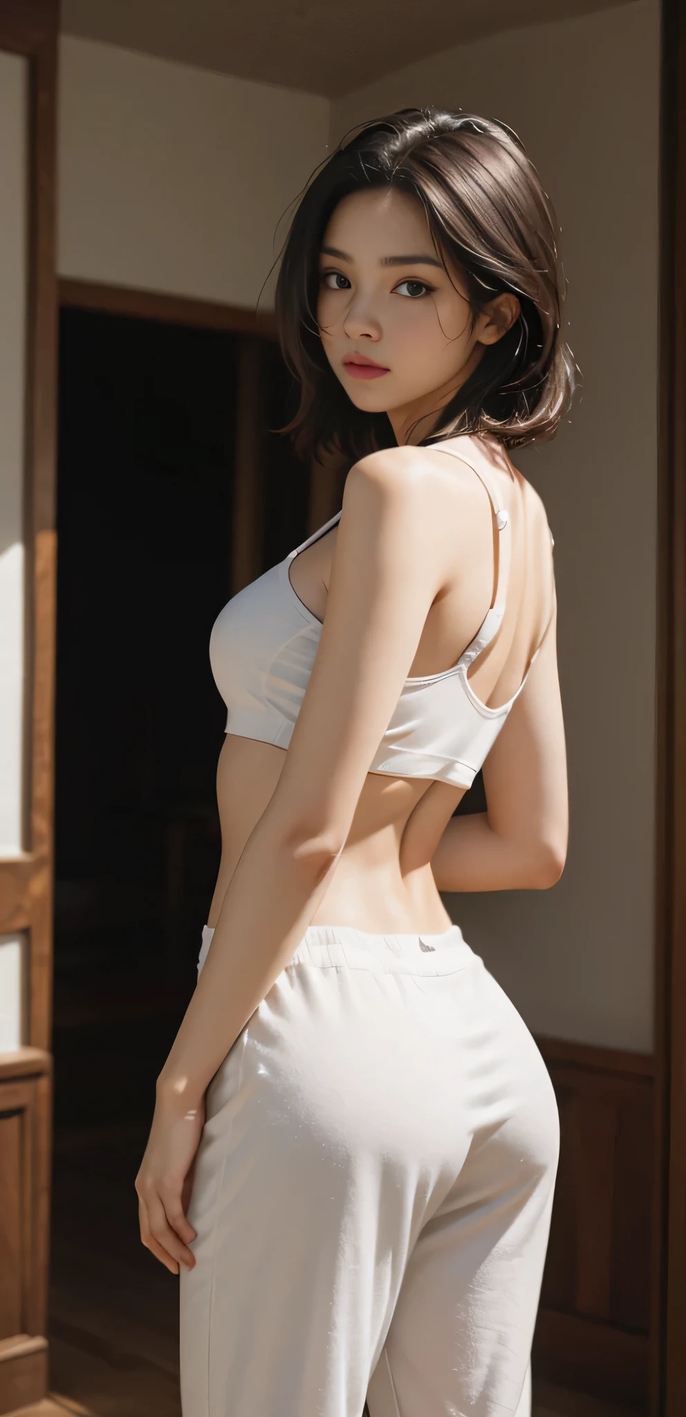 (white crop top and gym shorts:1.2), (cowboy shot, masterpiece, best quality, from below:1.4), (looking at viewer, small waist, thighs:1.2), arms behind back, perky butt, side shot, large breasts, bedroom, beautiful girl, pretty face, slender, teen, (arch back, stick out chest:1.2), stick out ass, no makeup, 8k, official art, raw photo, incredibly absurdres, sloped shoulder, facelight, ultra realistic, highres, photography, film grain, chromatic aberration, sharp focus, dynamic lighting, cinematic lighting, highest detailed, extreme detailed, ultra detailed, finely detail, extremely detailed eyes and face, (dark background:0.8)