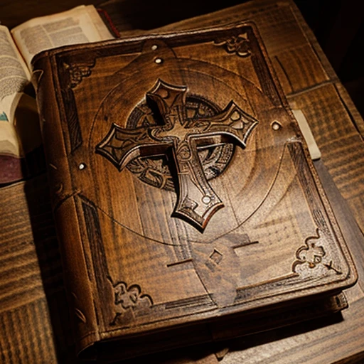 A closed bible with carving of a Jesuit cross on the cover 