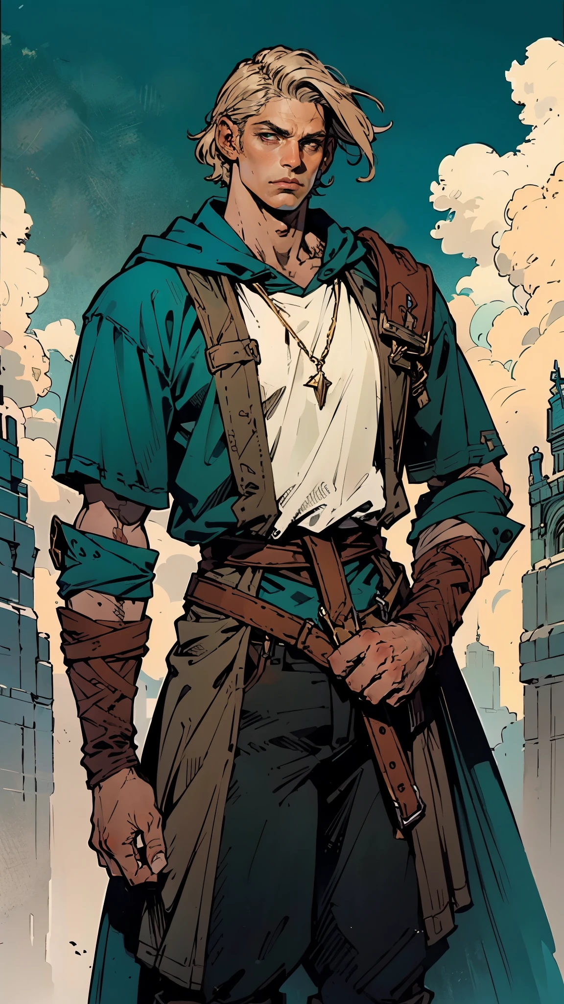 A young man with messy sky-blue short hair, a headband tied around his forehead, handsome face, calm expression, ((a fantasy-style short-sleeved robe coat with a unique half-side design, a green undershirt underneath)), an archer's wrist guard, a cloth belt, coarse cloth trousers, leather boots, overlooking the city from above, this character embodies a finely crafted fantasy-style archer in anime style, exquisite and mature manga art style, high definition, best quality, highres, ultra-detailed, ultra-fine painting, extremely delicate, professional, perfect body proportions, golden ratio, anatomically correct, symmetrical face, extremely detailed eyes and face, high quality eyes, creativity, RAW photo, UHD, 32k, Natural light, cinematic lighting, masterpiece-anatomy-perfect, masterpiece:1.5