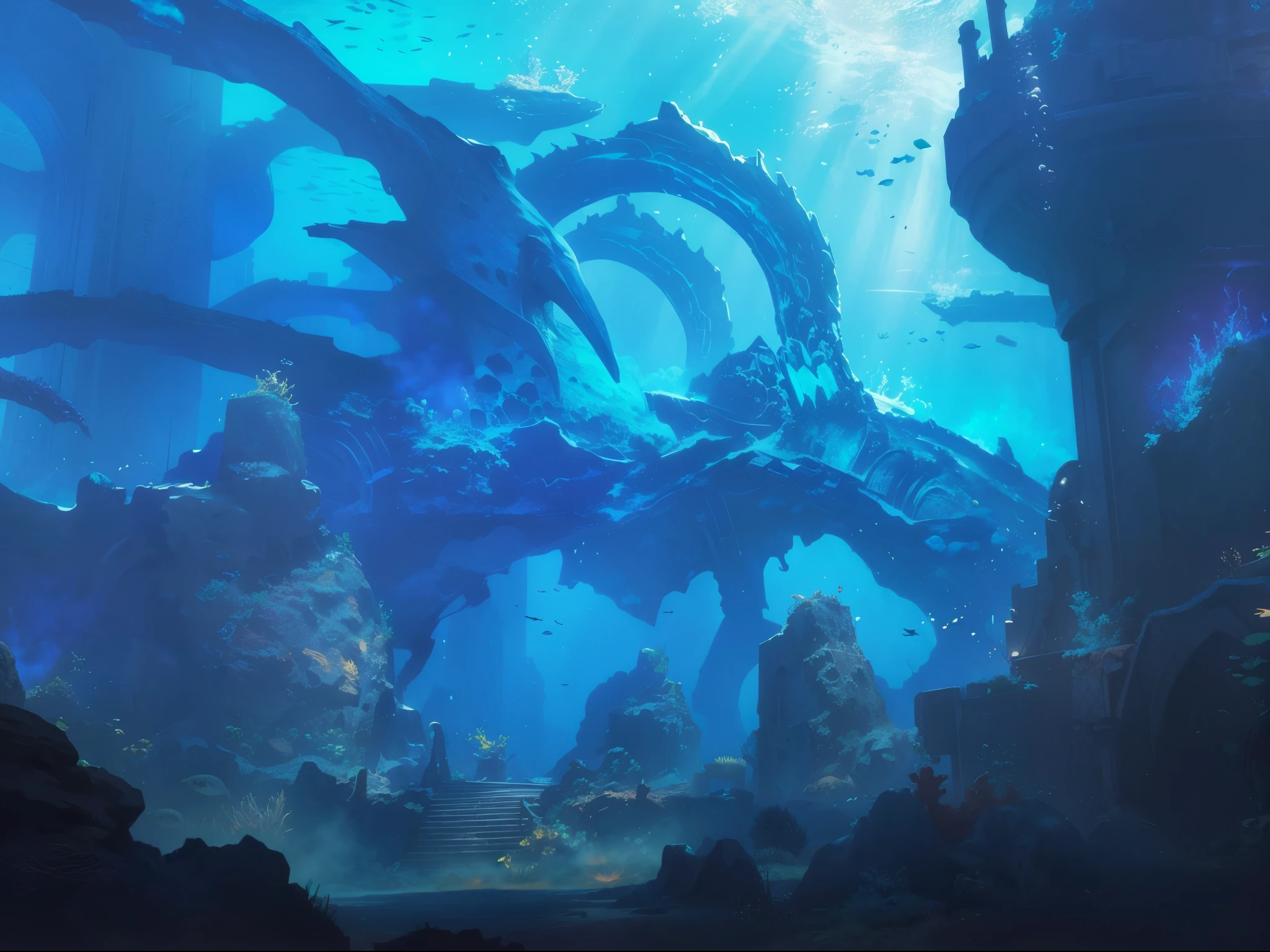 A ruin on the sea floor,Dragon-shaped reef,Sulfur and other gases are coming out from the ground,Gloomy environment,There are a few schools of fish swimming around,Secret environment,High quality details,8K