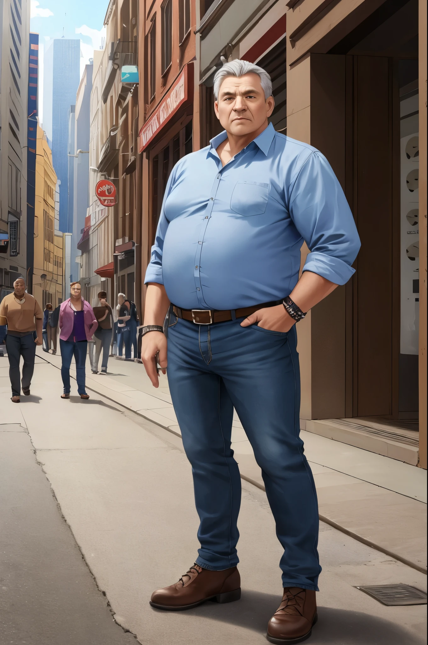 fat, (old man:1.1),(grey haired:1.1),(dude:1.1),(little tummy:1.1),(thick massive legs:1.1),(skin-tight:1.1),(blue jeans:1.1),(portrait),(photorealistic),(professional),(vivid colors),(strong light and shadow),(wrinkles),(weathered face),(wise, experienced expression),(relaxed posture),(urban background),(crowded street),(nostalgic color tones)