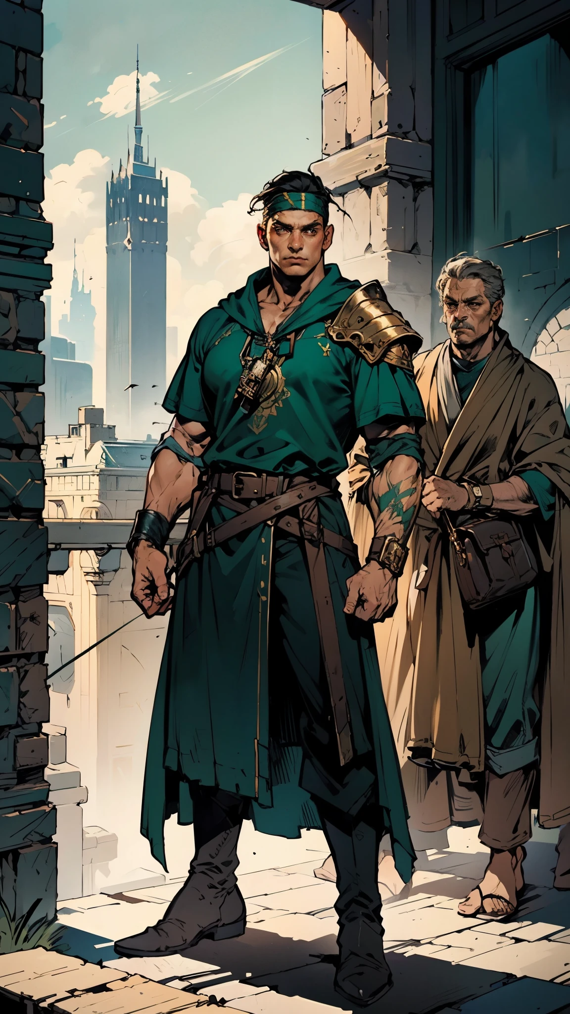 A young man with messy sky-blue short hair, a headband tied around his forehead, handsome face, calm expression, ((a fantasy-style short-sleeved robe coat with a unique half-side design, a green undershirt underneath)), an archer's wrist guard, a cloth belt, coarse cloth trousers, leather boots, overlooking the city from above, this character embodies a finely crafted fantasy-style archer in anime style, exquisite and mature manga art style, high definition, best quality, highres, ultra-detailed, ultra-fine painting, extremely delicate, professional, perfect body proportions, golden ratio, anatomically correct, symmetrical face, extremely detailed eyes and face, high quality eyes, creativity, RAW photo, UHD, 32k, Natural light, cinematic lighting, masterpiece-anatomy-perfect, masterpiece:1.5