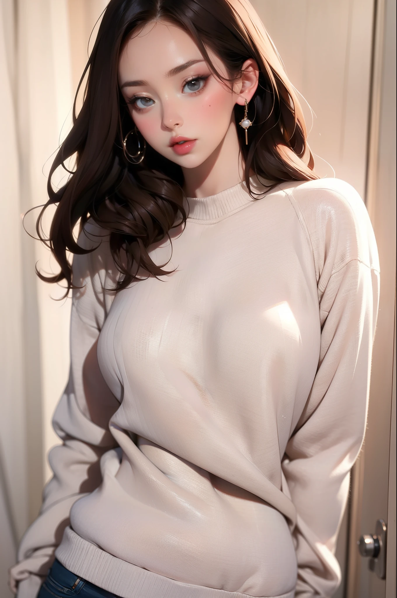 Girl, long brown hair, gray eyes, cold features, white skin, orange lips, soft and thin, sweater