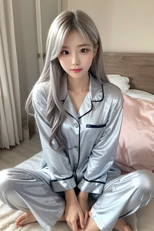 1girl, It's like a Korean idol.a semi-long silver hair. pajamas