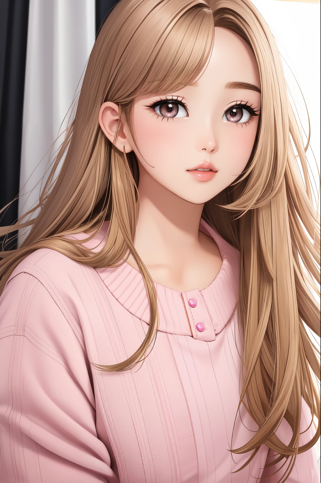Girl, long brown-blonde hair, gray eyes, sharp features, white skin, pink lips, 