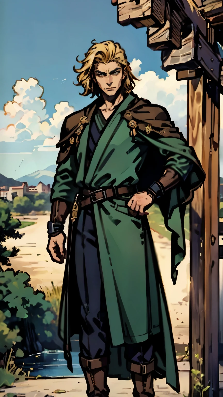 old male wizard, long hat, white beard, smoking a pipe, holding a staff, with green vests, walking in a beach at sunrise, RPG, fantasy medieval illustration