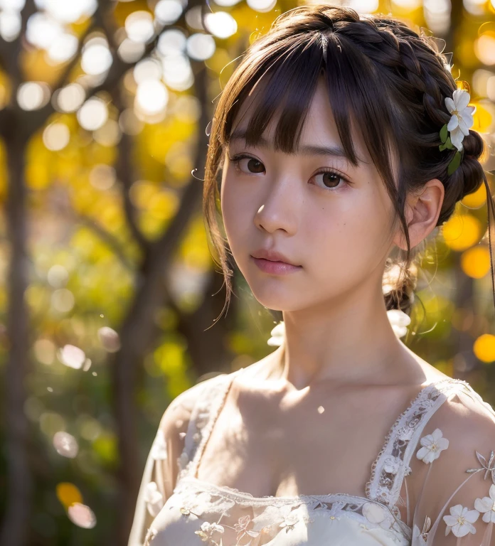 (Realistic:1.3), Rembrandt Lighting, (masterpiece:1.2), (photoRealistic:1.2), (highest quality), (Detailed skin:1.3), (Intricate details), Ray Tracing,One girl, Japanese Girls, 20age, Detailed skin texture, (blush:0.5), Scattered beneath the surface, front, bangs, Hair between the eyes, Braid, Floral print, Autumn scenery, Cherry Blossom, (It was transparent:1.2),actress,Yuuko Araki,
