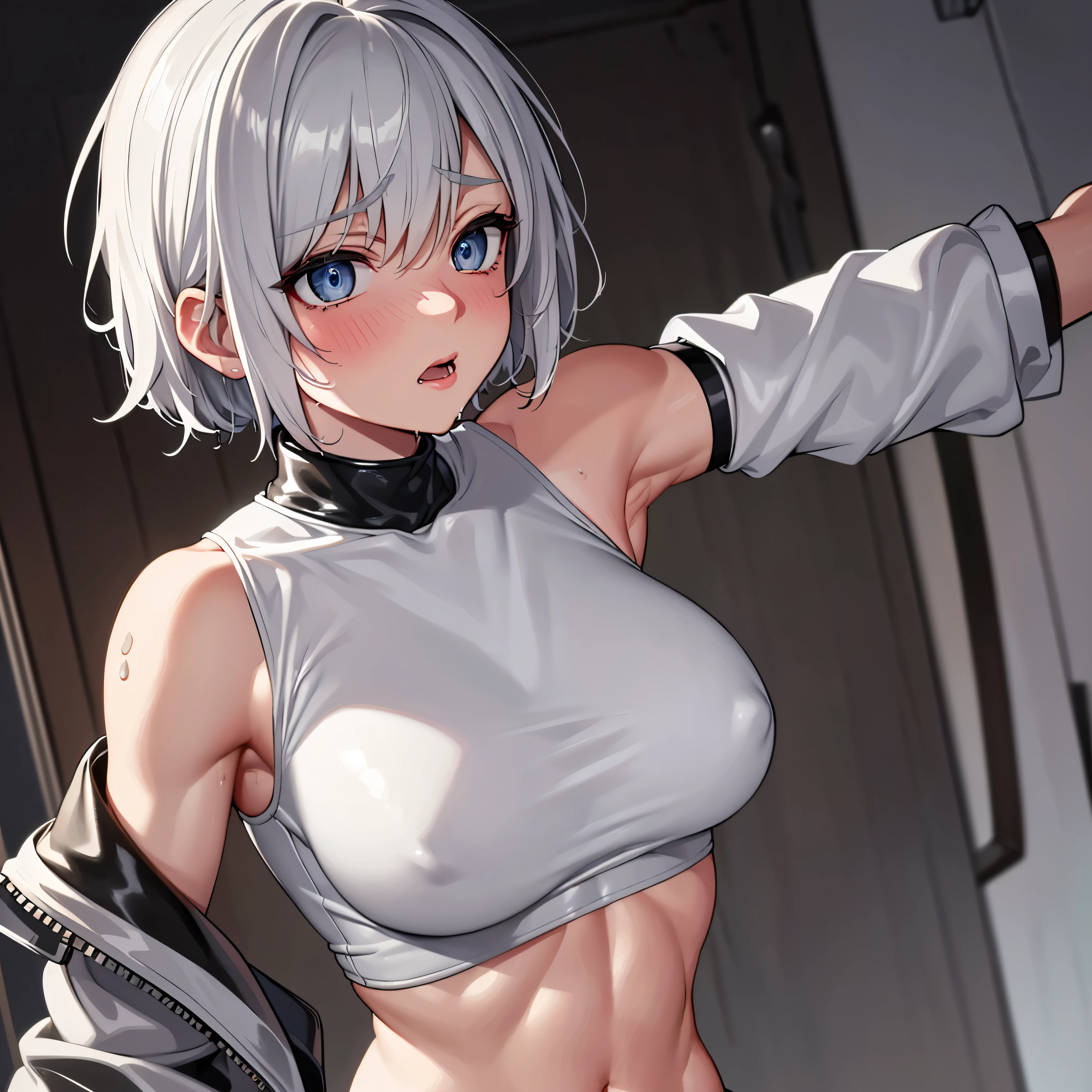 highest quality, 32k, Raw photo, incredibly Abdominal musclesurdres, Very detailed, Delicate texture, (Beautiful and beautiful eyes: 1.2), (One girl),White crop top, Short gray hair,leather shorts, Oversized leather jacket, Upper Body, Abdominal muscles,Sweat, Ahegao, Roll your eyes, blush, Drooling,body fluid,indoor, night,
