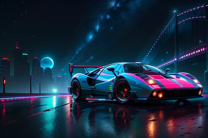 hot wheels toy with a futuristic theme background that looks natural and not edited, centered in the image, Hot WheelsPagani Zonda, retrowave. bridge road, Red neon lights, (masterpiece,detailed,highres),