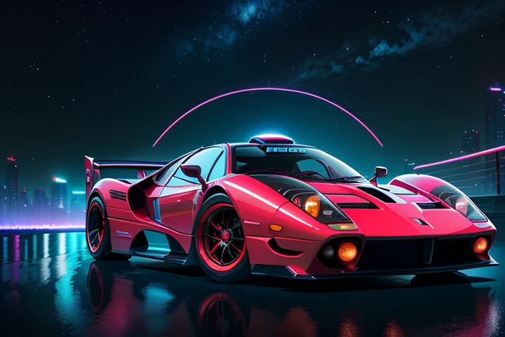 hot wheels toy with a futuristic theme background that looks natural and not edited, centered in the image, Hot WheelsPagani Zonda, retrowave. bridge road, Red neon lights, (masterpiece,detailed,highres),
