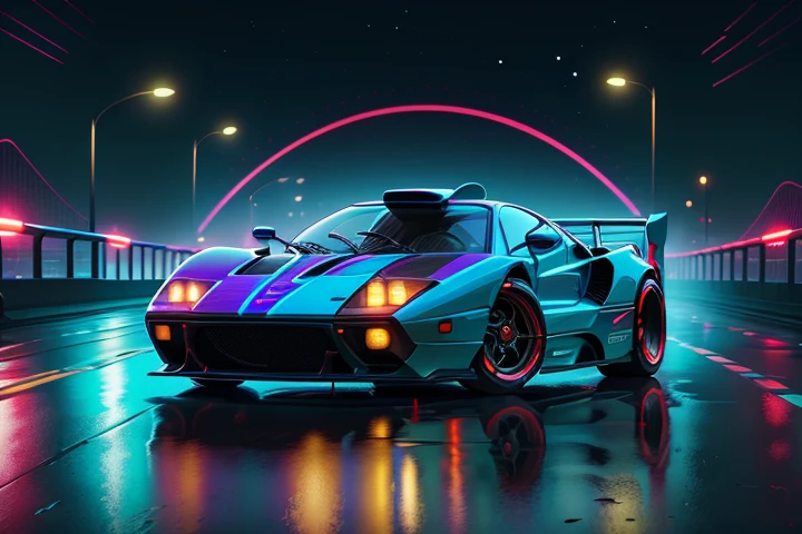 hot wheels toy with a futuristic theme background that looks natural and not edited, centered in the image, Hot WheelsPagani Zonda, retrowave. bridge road, Red neon lights, (masterpiece,detailed,highres),